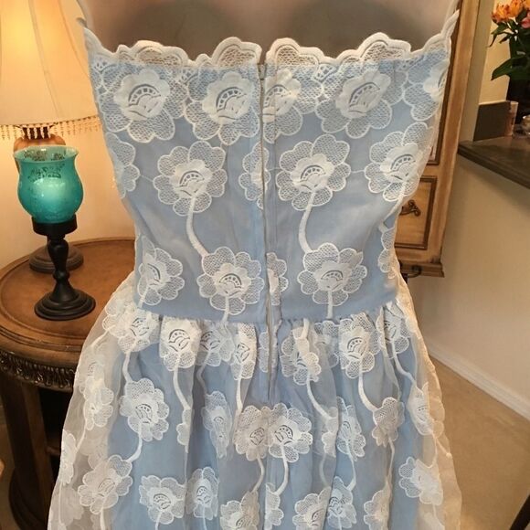 Final Sale | White and Blue Lined Strapless Lace Dress - Picture 2 of 5
